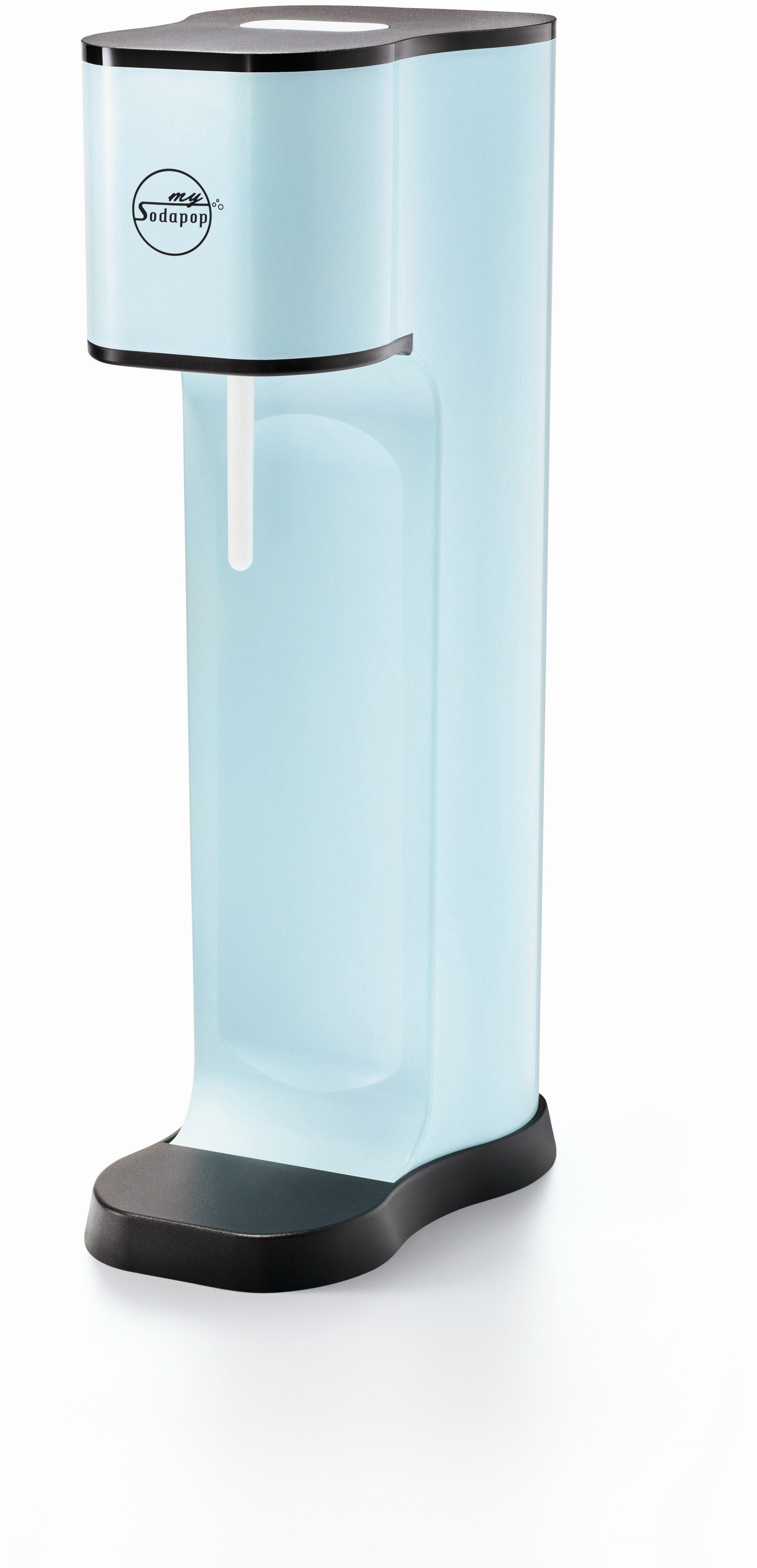 Eine hellblaue SodaStream-Maschine mit schwarzem Ober- und Unterteil, weißer Hintergrund.