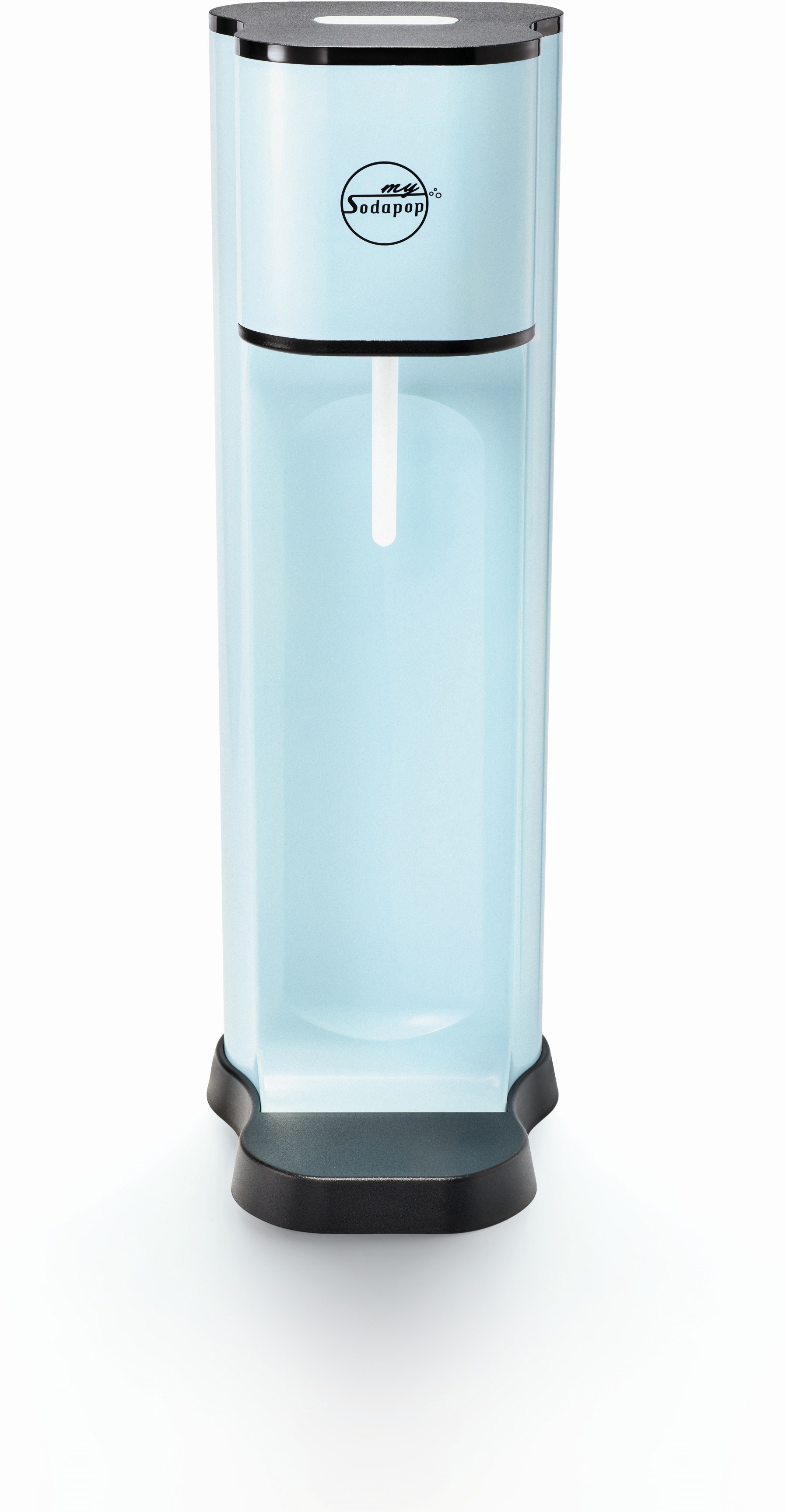 Hellblaue SodaStream-Maschine, hoch und zylindrisch mit schwarzem Sockel.