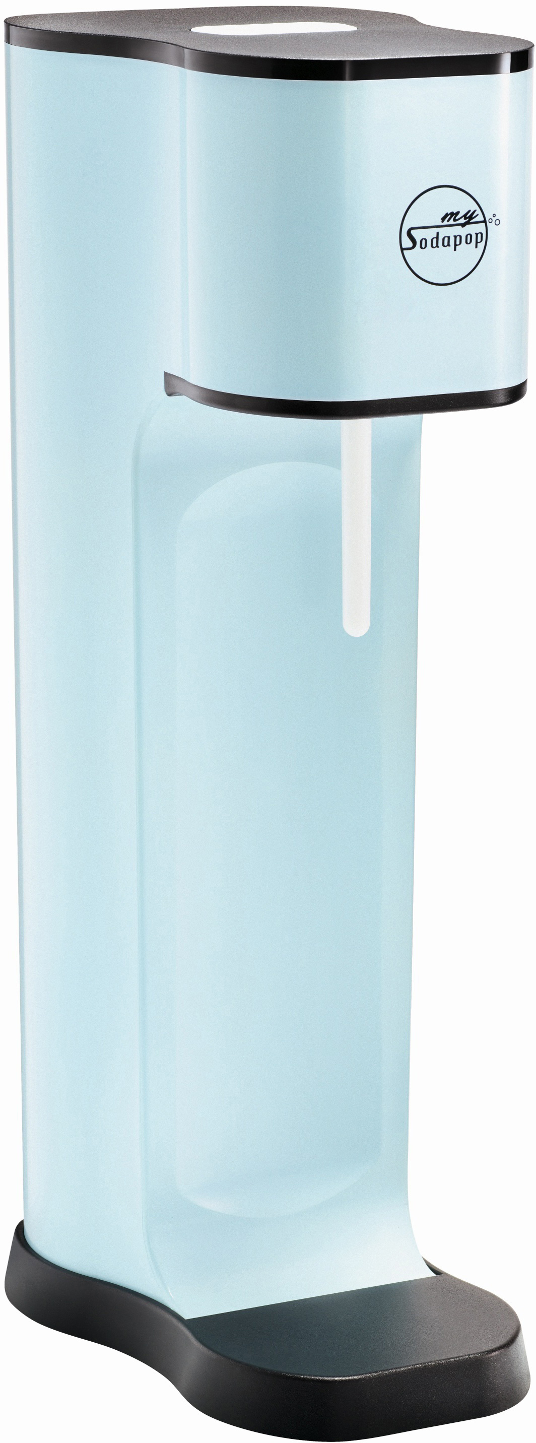 Hellblaue SodaStream-Maschine. Schwarze Basis und Oberseite. Weißer Stick innen. Weißes Logo.