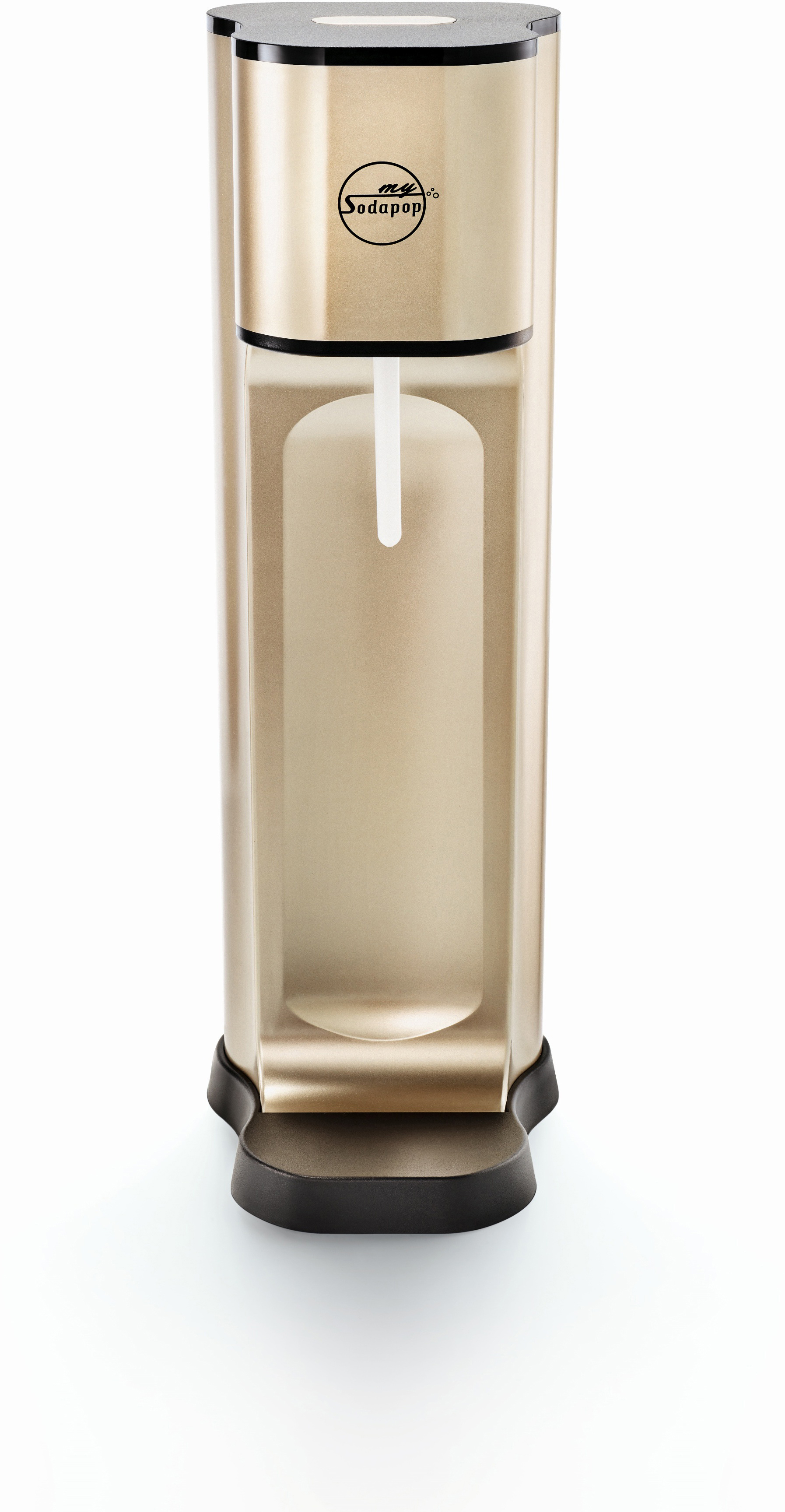 Ein moderner goldener Soda-Maker mit schlankem Design und schwarzem Sockel vor weißem Hintergrund.