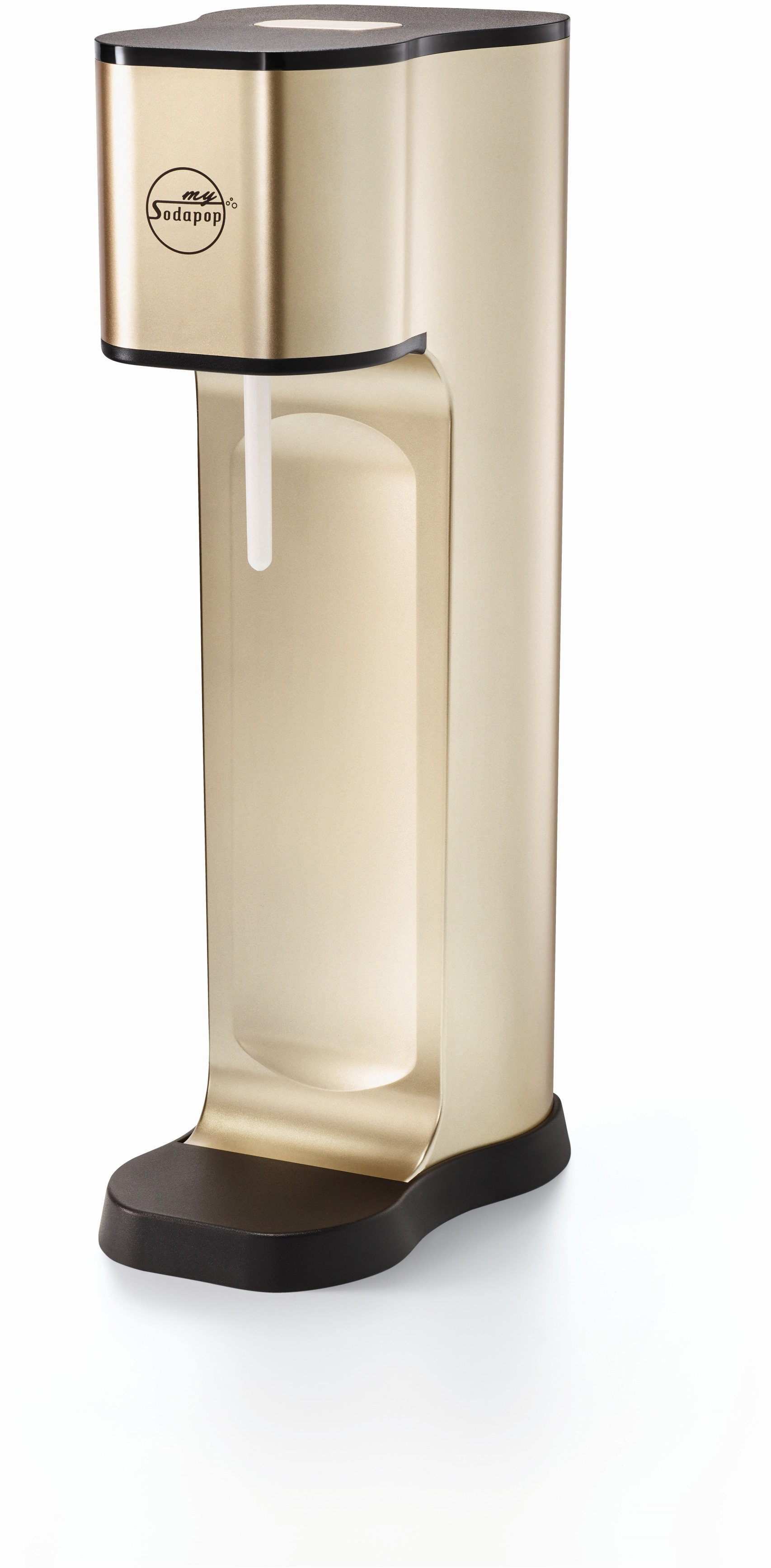 Ein gold-schwarzer Sodabereiter mit weißem Siphon und schwarzem Sockel.