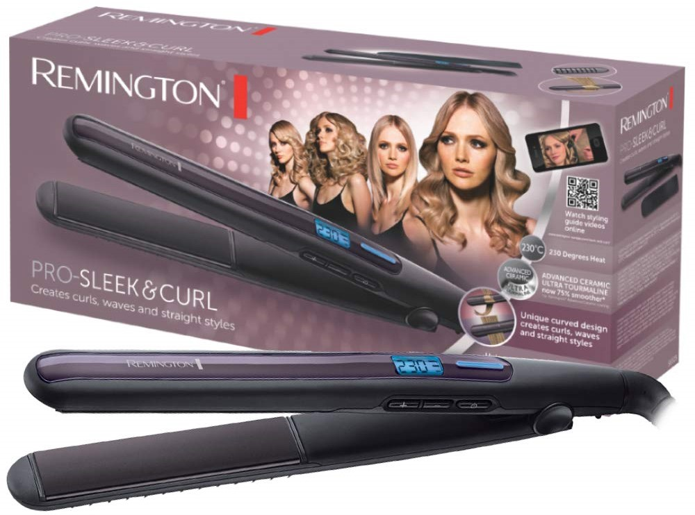 Remington Pro-Sleek & Curl Haarglätter und -box mit Bildern von Models.