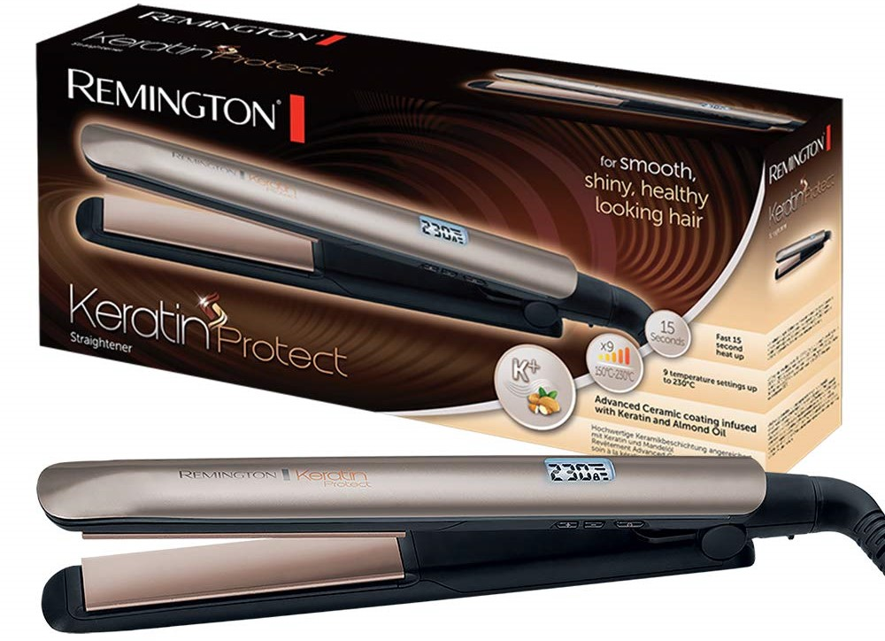 Remington Haarglätter in seiner Box. Der Glätter ist ebenfalls ausgestellt.