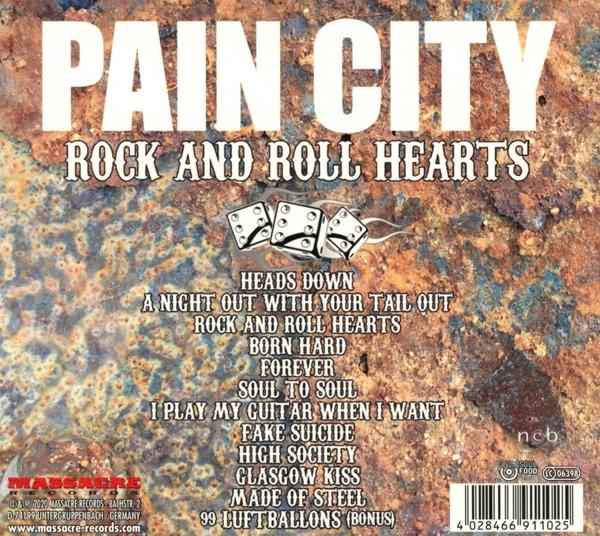 Rückseite einer CD-Hülle mit dem Albumtitel PAIN CITY und Titelliste.
