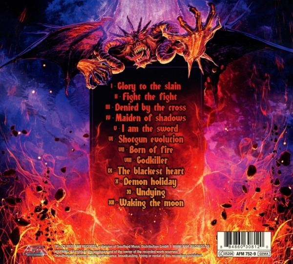 Albumcover. Ein Dämon mit roten Flügeln und ein Grabstein mit Songtiteln.