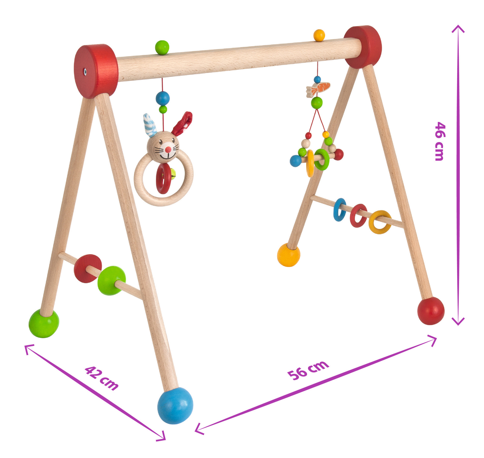 Ein Baby-Spielbogen aus Holz mit hängendem Spielzeug. Es hat rote und blaue Akzente. Die Abmessungen sind sichtbar.
