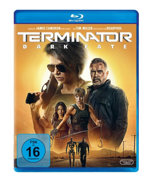 Terminator Dark Fate Blu-ray-Cover. Arnold Schwarzenegger und Linda Hamilton sind zu sehen.