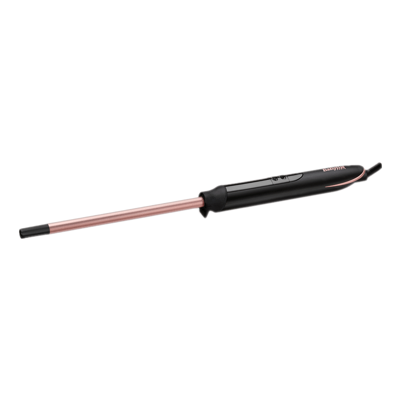 Schwarzer und roségoldfarbener Lockenstab auf schwarzem Grund.