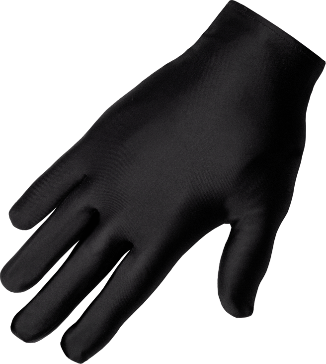 Ein schwarzer Handschuh auf weißem Hintergrund. Der Handschuh liegt flach mit der Handfläche nach oben.