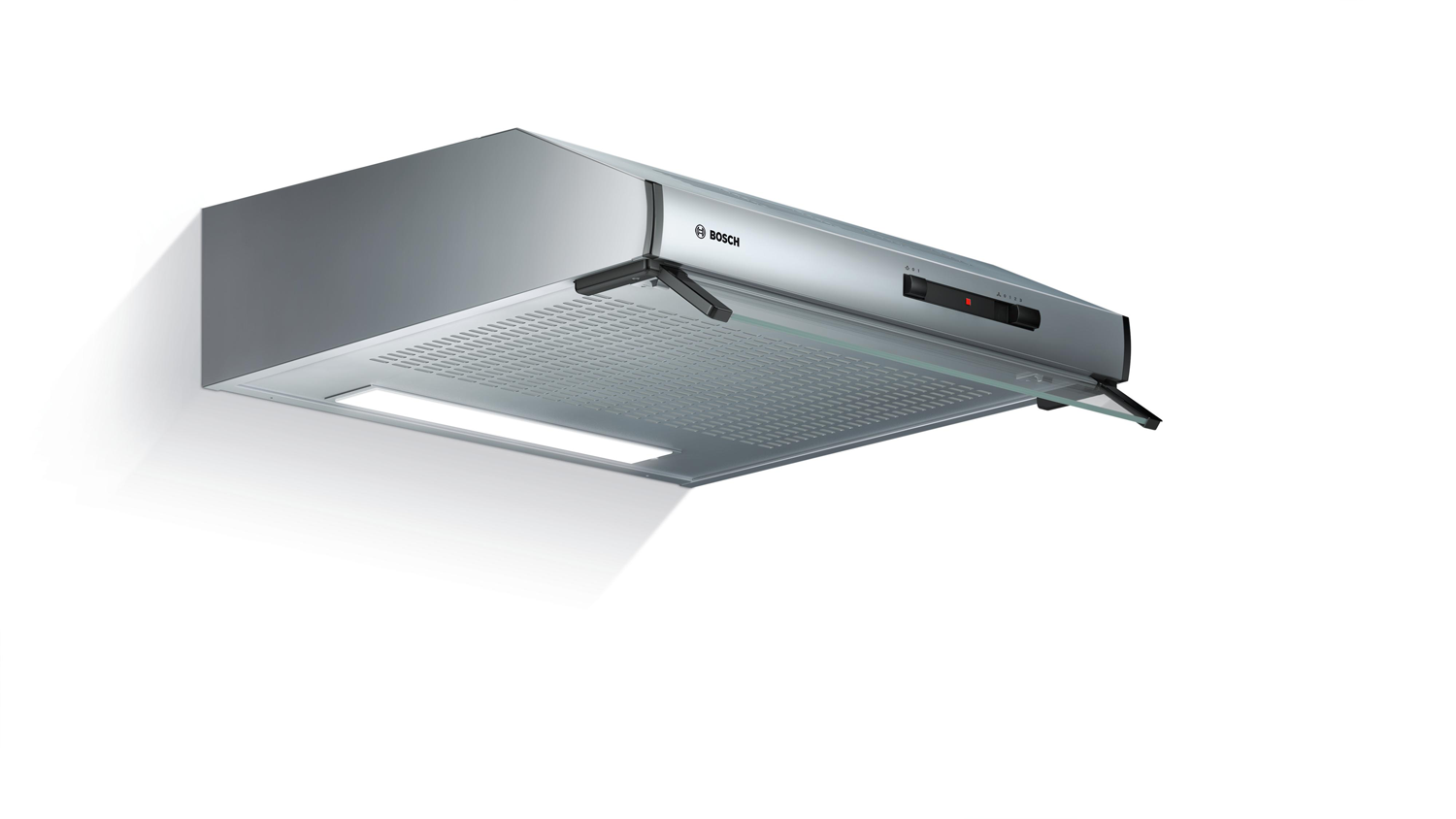 Silver range hood with a light and control panel, mounted on a white wall.