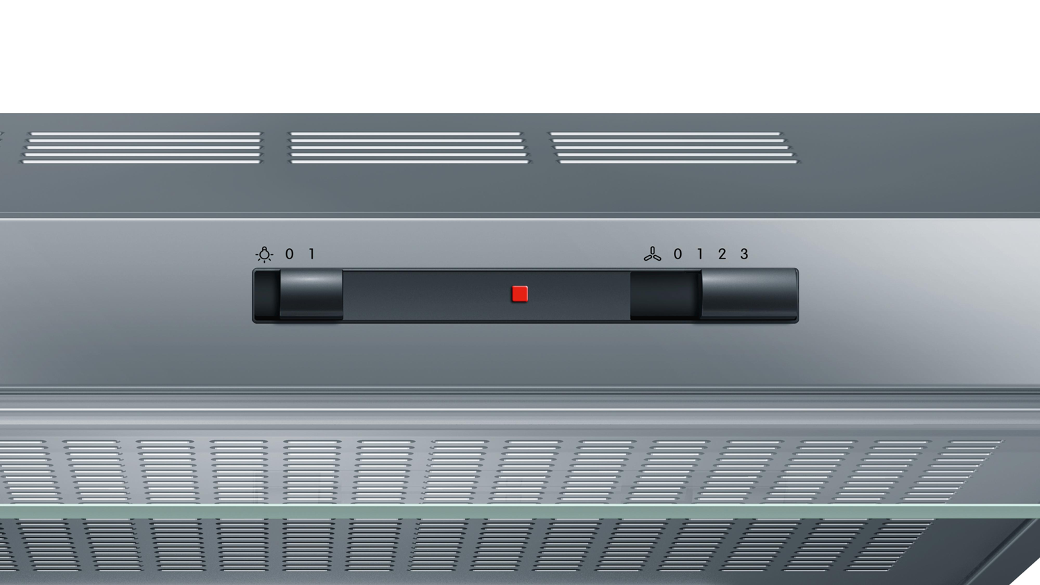 A close-up of a stainless steel range hood control panel with lights and fan settings.