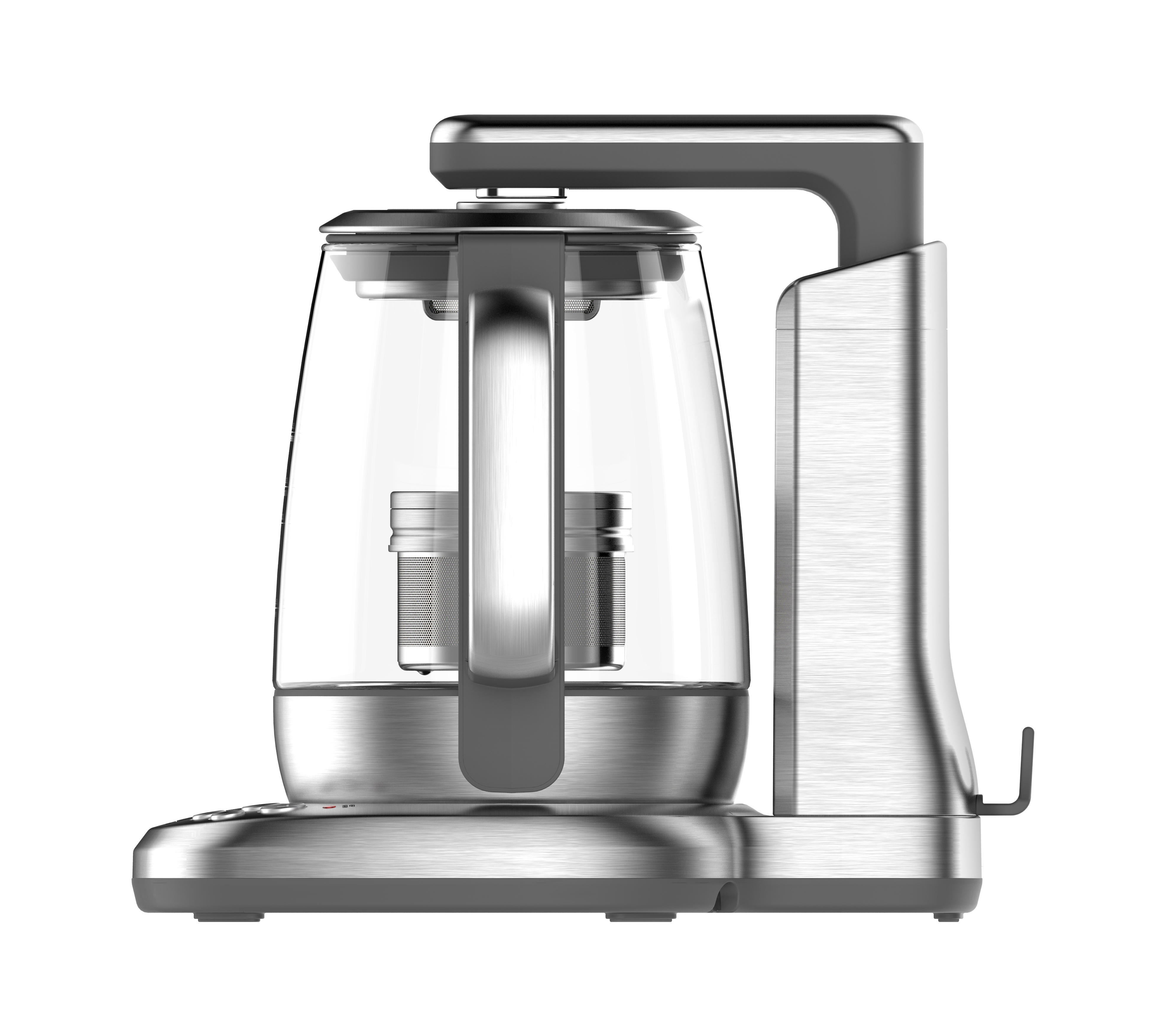 Silber- und Glasteebereiter. Enthält einen Griff, eine Basis und einen Wasserbehälter.