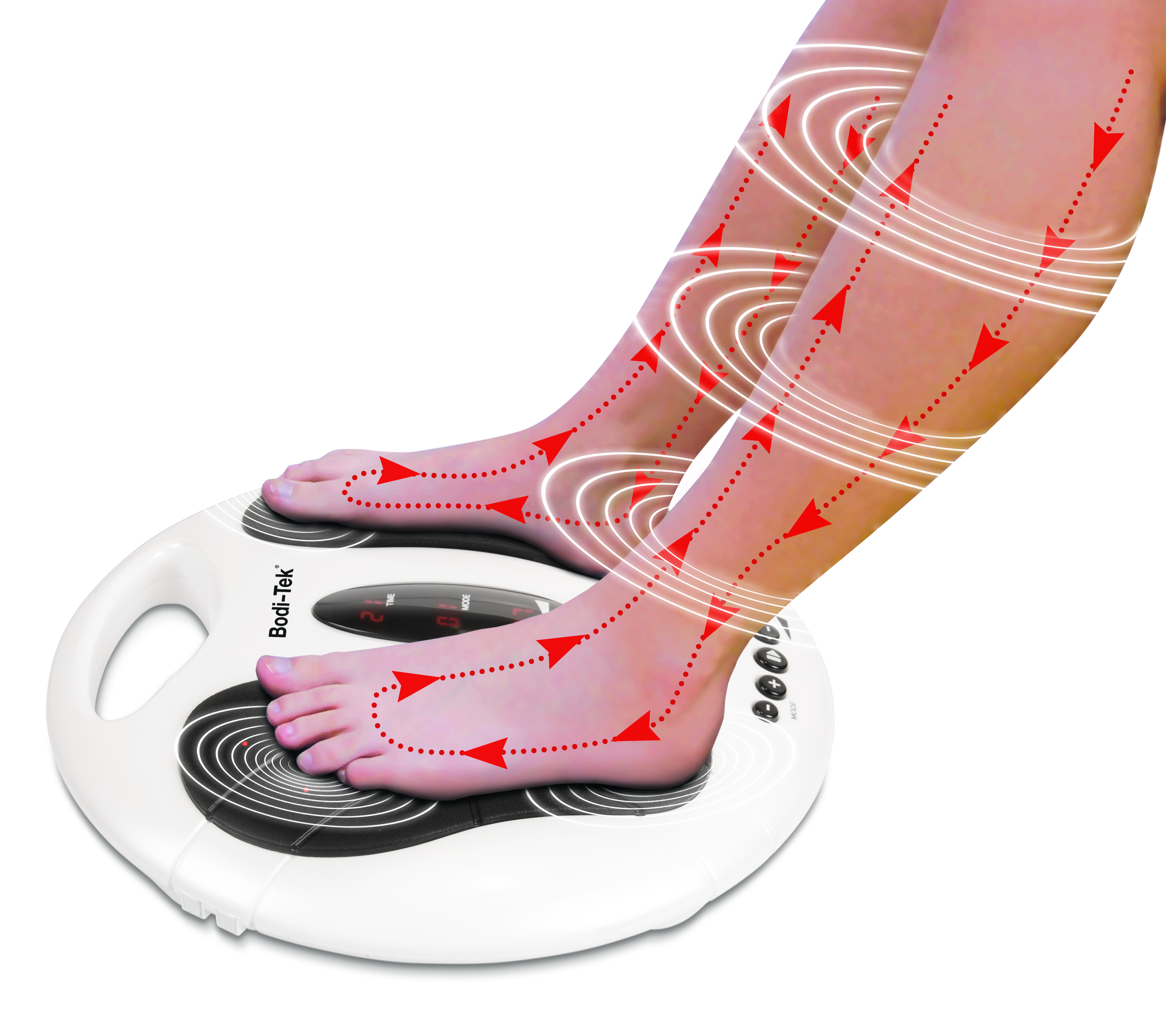 Jambes d'une personne sur une plateforme d'exercices Bodi-Tek blanche avec des lignes de flèches rouges.