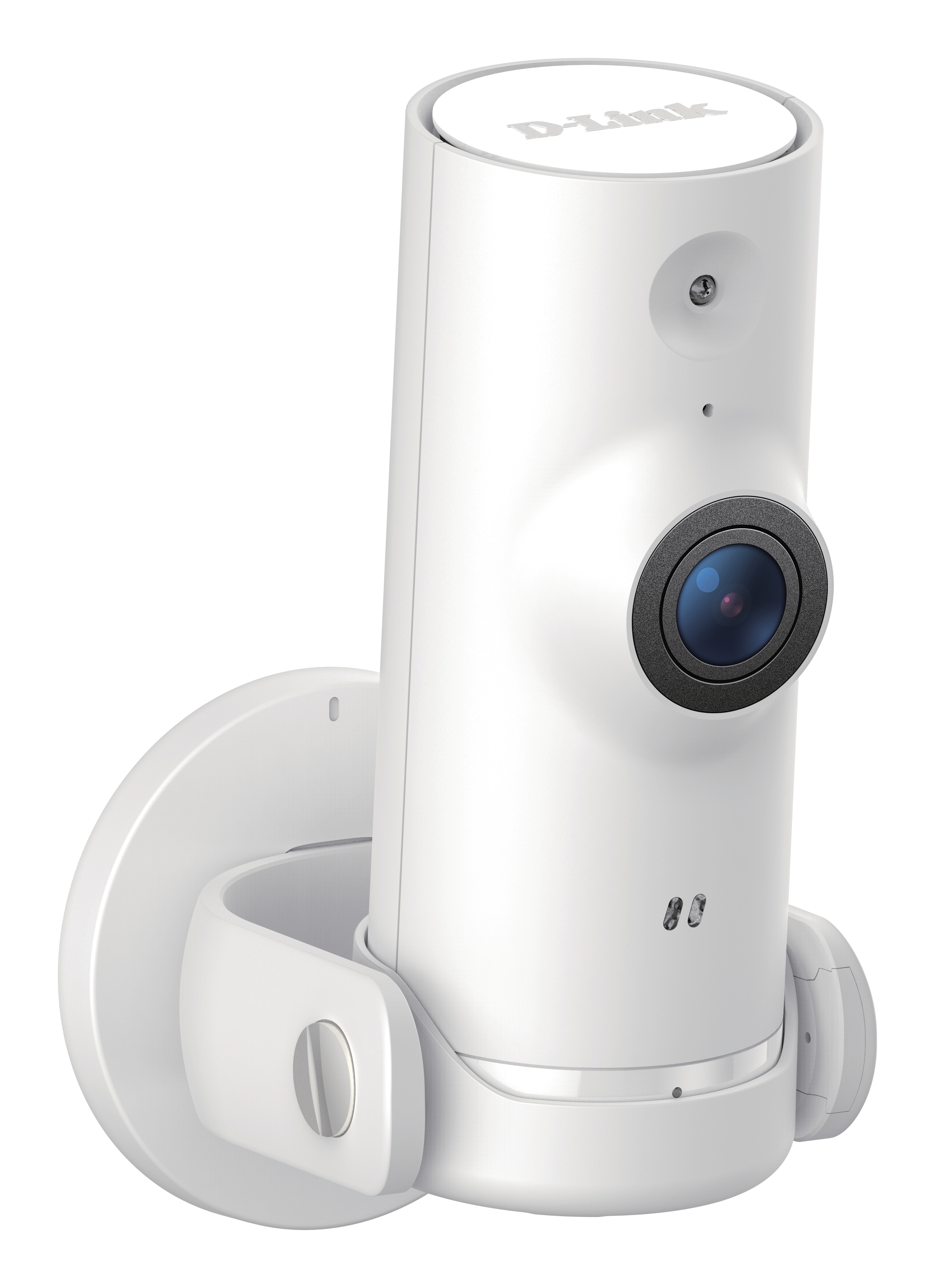Weiße D-Link Überwachungskamera. Zylindrische Form, an einer Wandhalterung.