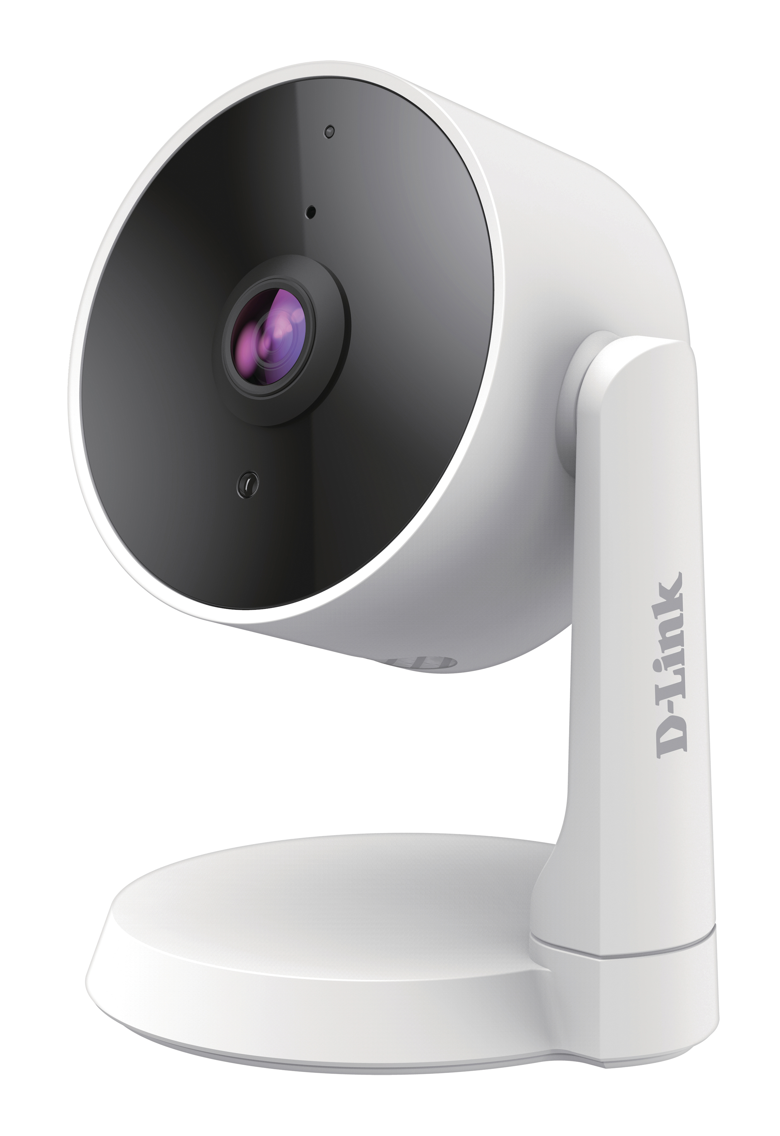 Weiße D-Link Überwachungskamera mit schwarzer Linse und weißer Basis.