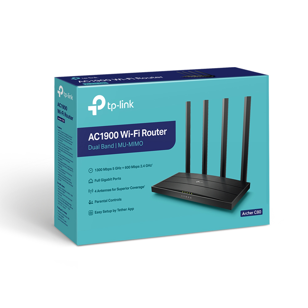 A TP-Link AC1900 Wi-Fi router box. It features a black router with four antennas. The box is teal with product information.