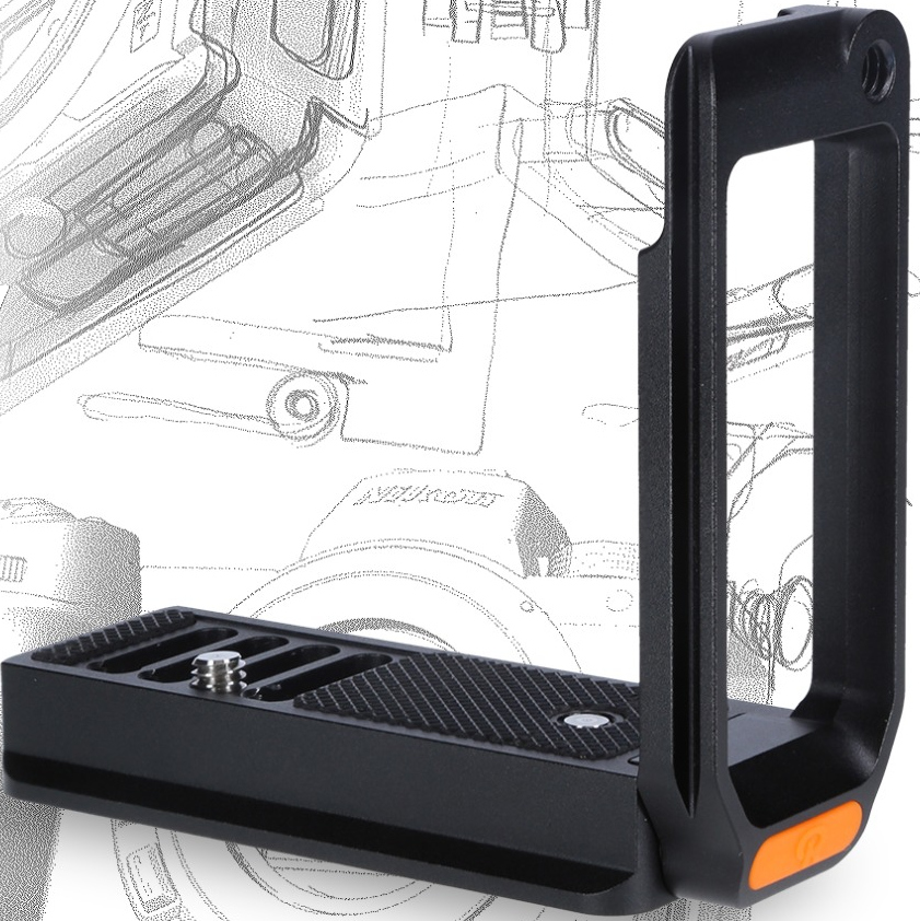 Black camera L bracket with orange accent. Nikon logo and camera outline in the background.