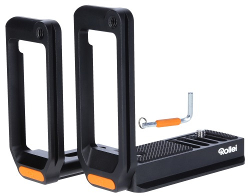 Black metal camera cage with a handle and an orange tool. White background.
