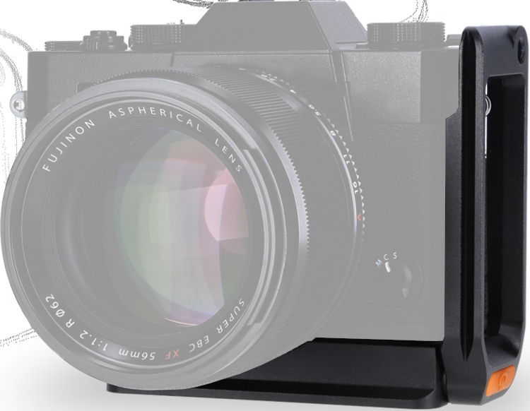 Black camera L bracket attached to a camera with a large lens. Orange accent on the bracket.