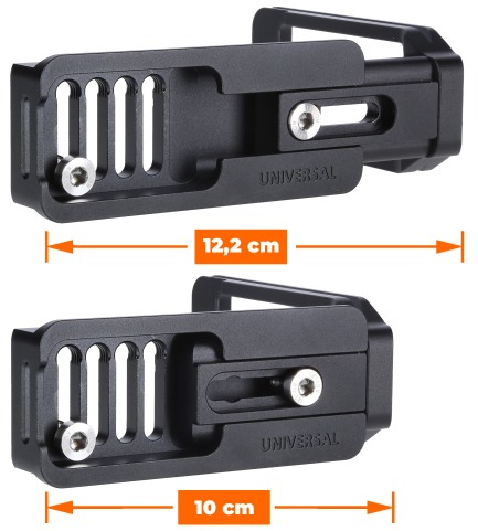 Two black camera L brackets with measurements. Top: 12.2 cm. Bottom: 10 cm. Text: Universal.