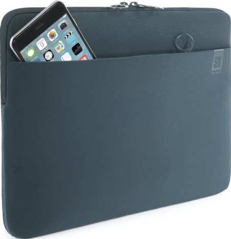 Étui bleu-gris avec un téléphone dans la poche. L'étui est en tissu et possède une fermeture éclair.