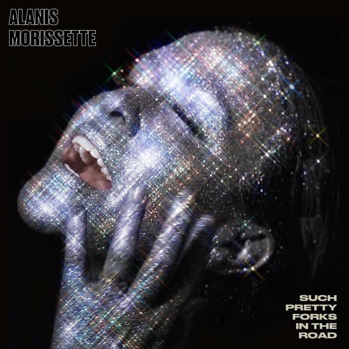Couverture de l'album d'Alanis Morissette, avec un visage scintillant, la bouche ouverte et du texte.