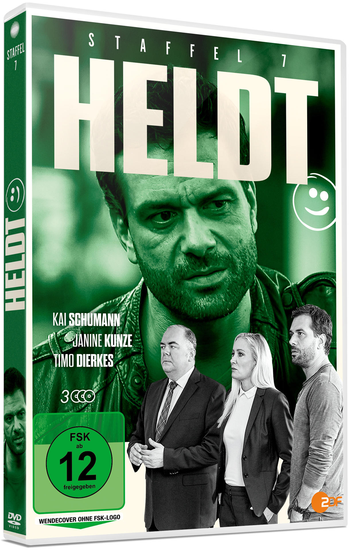 DVD-Hülle für die Fernsehsendung 'HELDT', Staffel 7. Das Cover zeigt die Schauspieler Kai Schumann, Janine Kunze und Timo Dierkes.