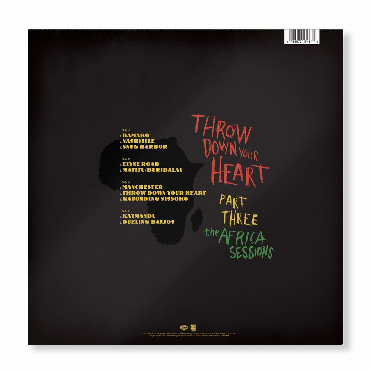 Rückseite einer Vinyl-Album mit dem Titel 'Throw Down Your Heart'. Enthält Text, eine Karte und Albumdetails.
