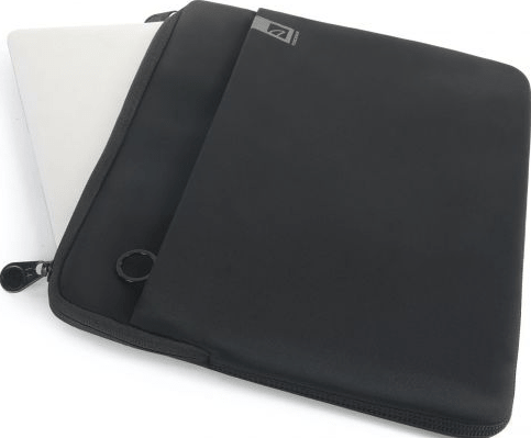 Eine schwarze Laptoptasche mit einem teilweise sichtbaren Laptop darin.