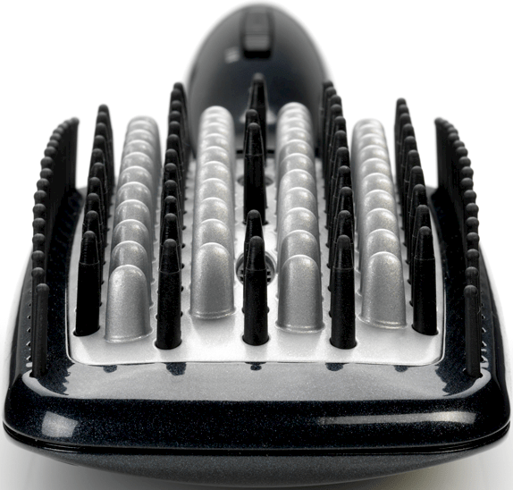 Schwarzer Haartrockner-Diffusoraufsatz. Die Zinken haben unterschiedliche Längen und Farben.