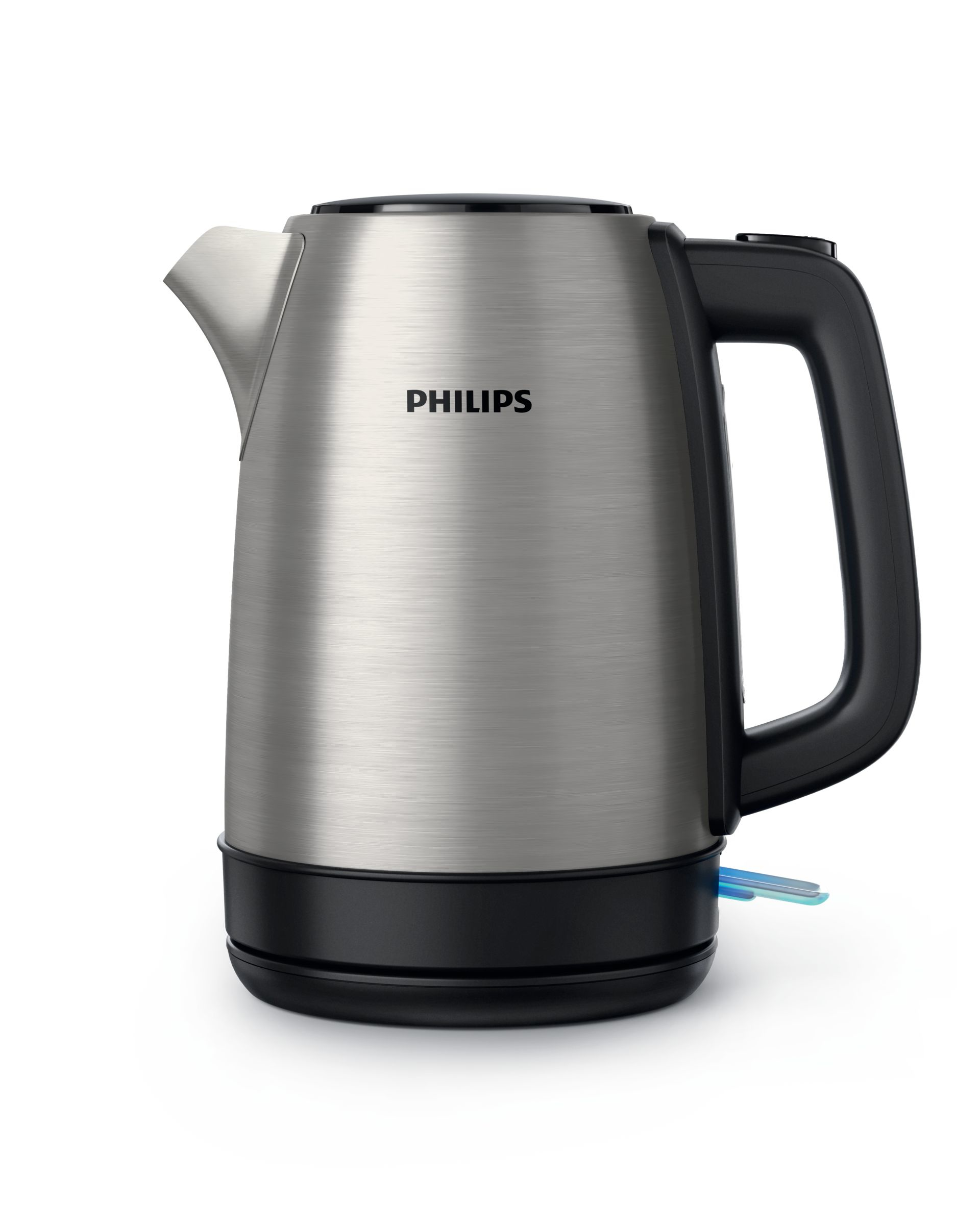 Ein silberner und schwarzer Wasserkocher mit dem Wort 'PHILIPS' an der Seite und einem Griff.