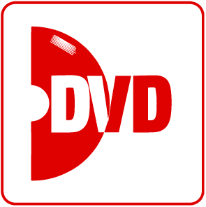 Logo DVD : carré rouge avec un symbole en forme de CD et lettres DVD blanches.