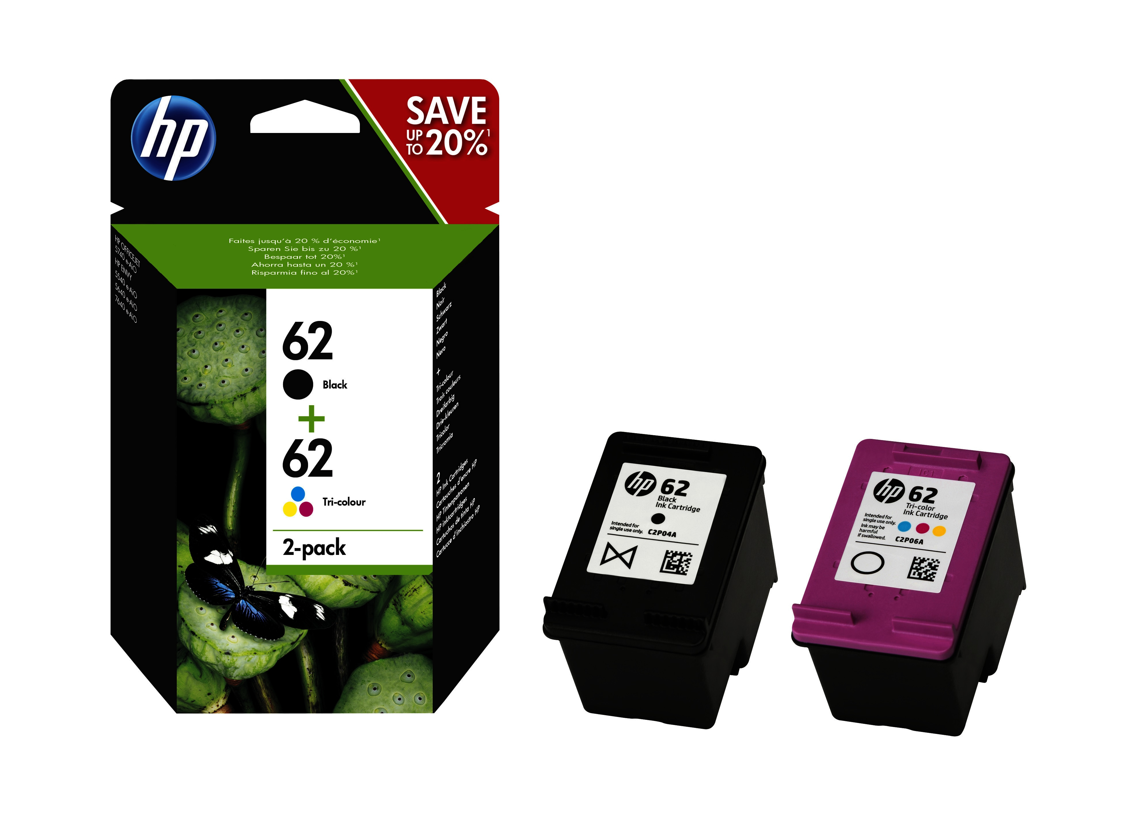 Cartouches d'encre HP 62 2-pack, noir et tricolore, avec emballage montrant un papillon.