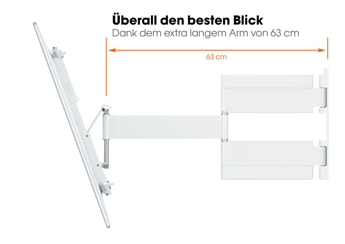 Weiße TV-Wandhalterung mit 63 cm langem Arm, angewinkelt und ausgefahren.