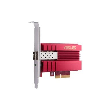 Tarjeta de red ASUS roja con disipador y conector PCIe.
