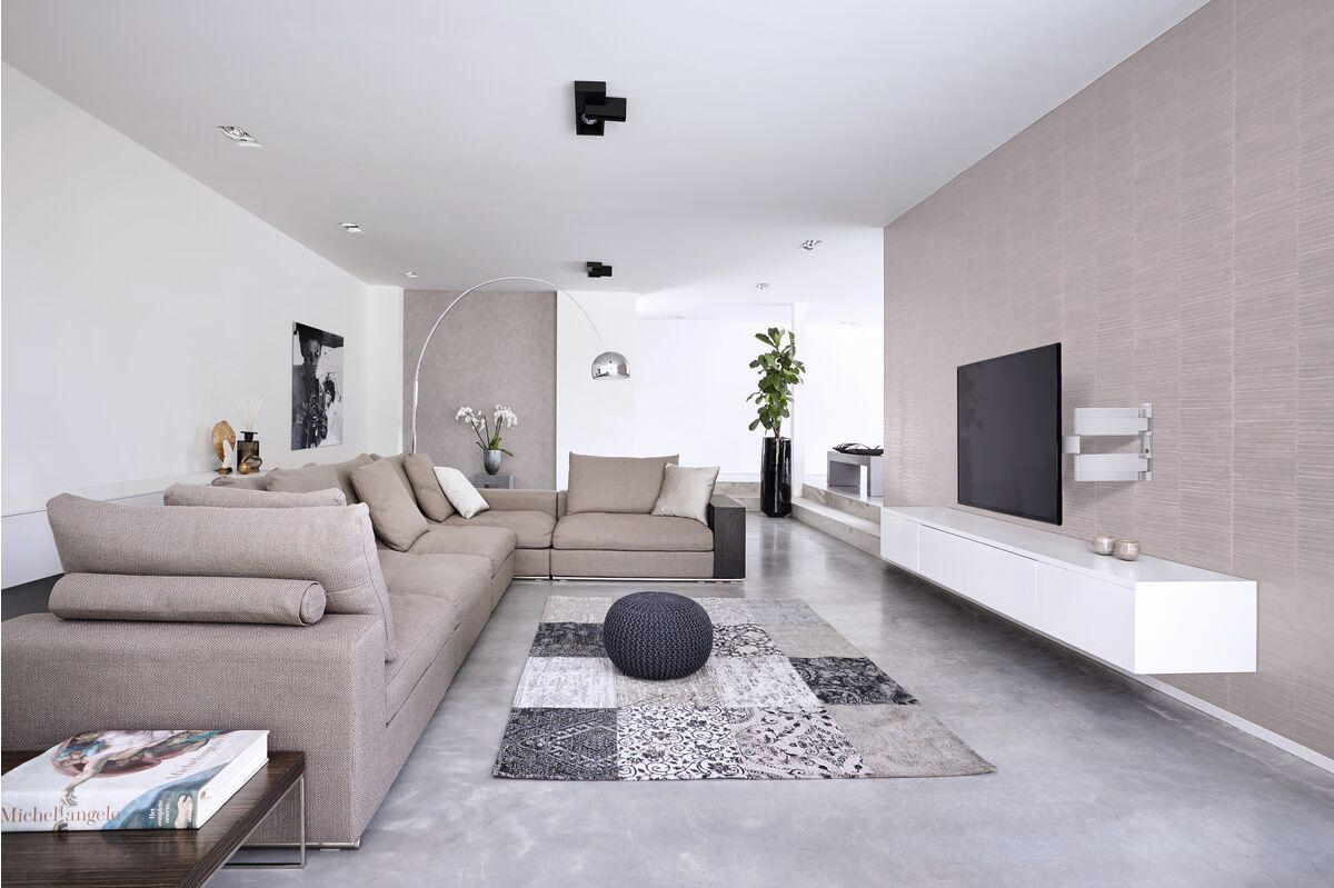 Modernes Wohnzimmer mit Sofa, Teppich und TV an der Wand.