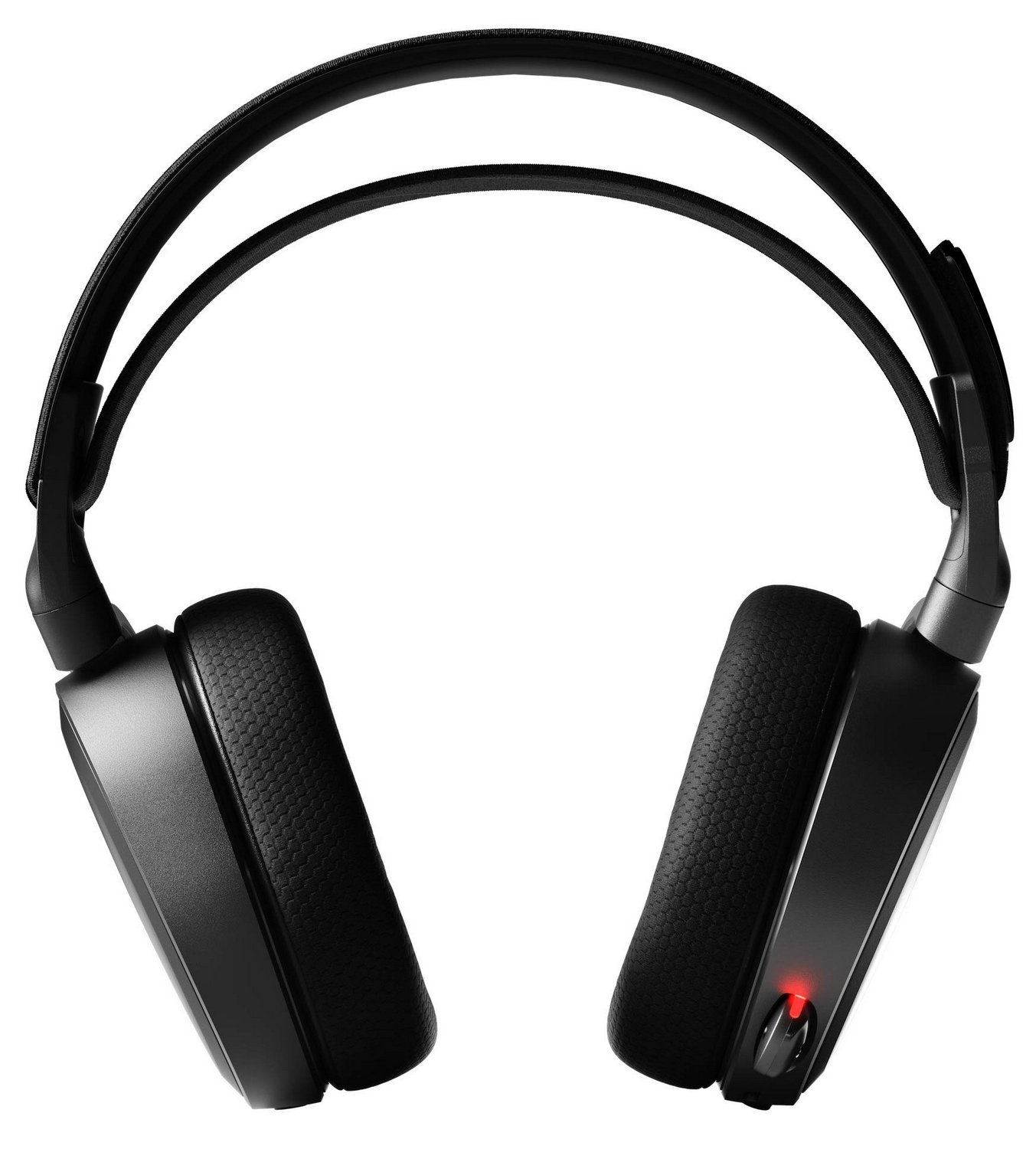 Auriculares gaming Steelseries negros. Cuenta con dos auriculares, una diadema y un botón de encendido rojo visible.