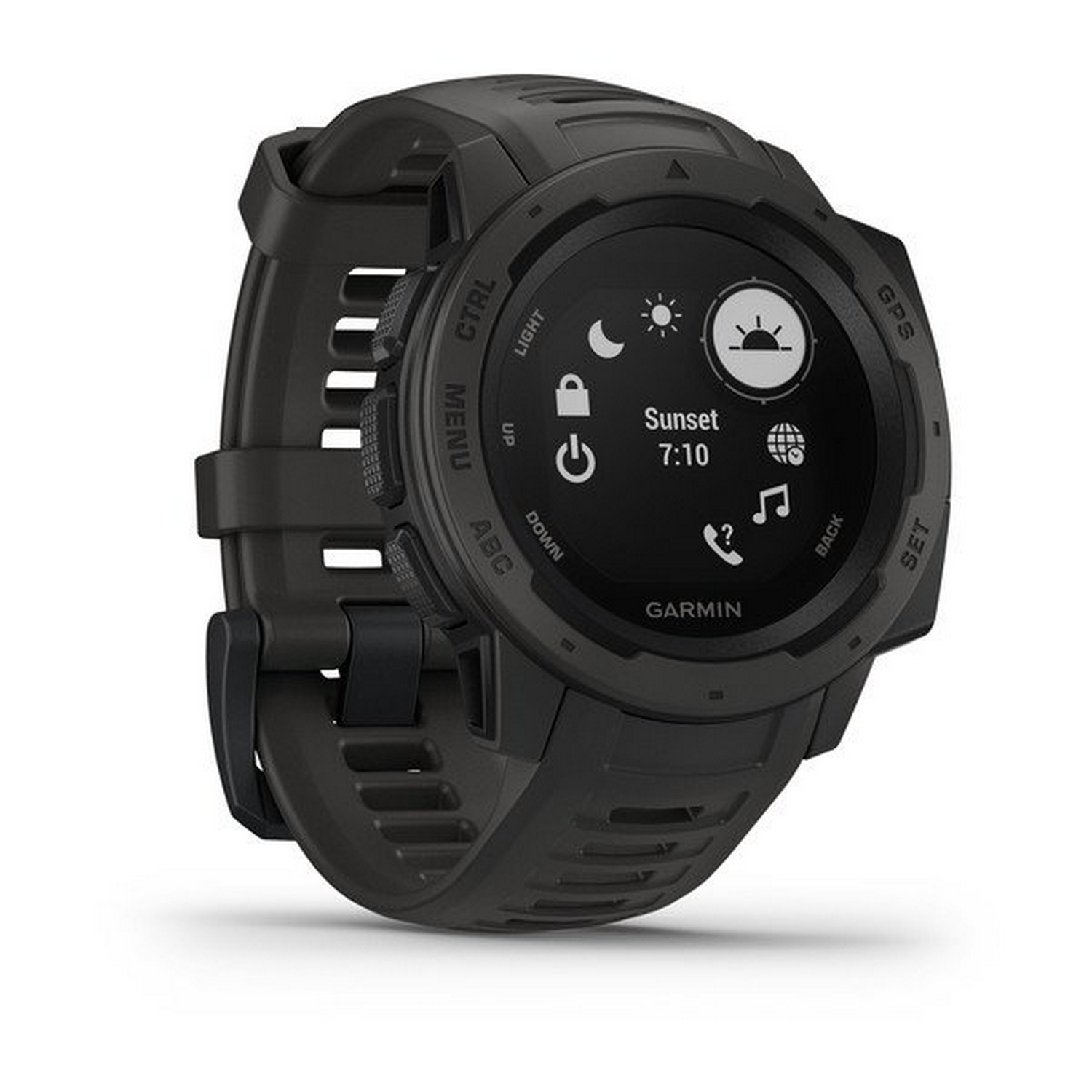 Smartwatch negra con pantalla de puesta de sol. El reloj está sobre una superficie blanca.