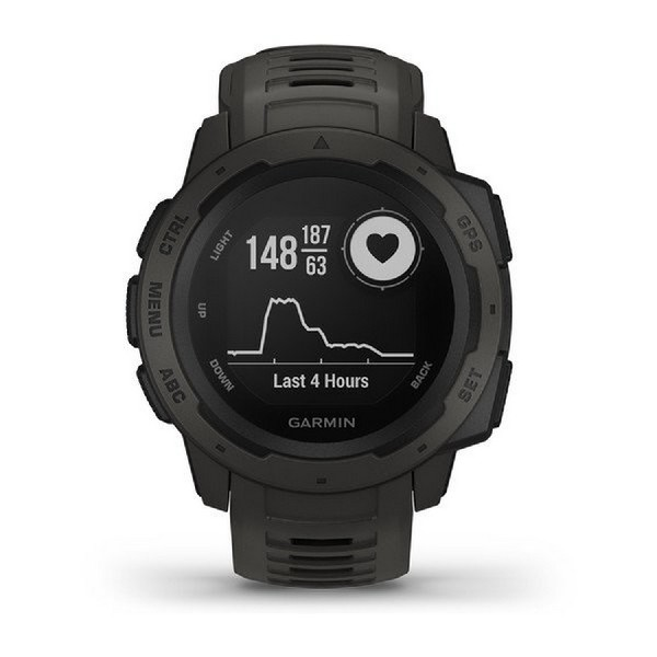 Reloj Garmin negro que muestra la frecuencia cardíaca y los datos de las últimas 4 horas. El reloj tiene botones y el logo de Garmin.