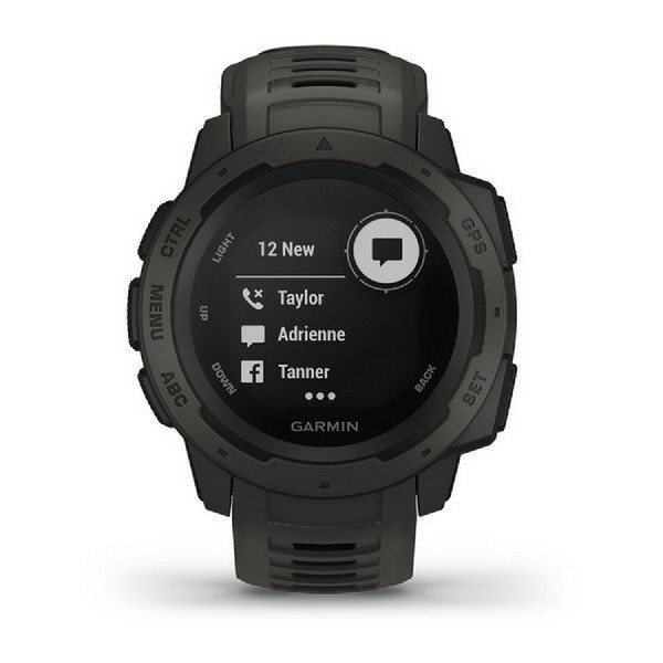 Reloj Garmin Instinct mostrando notificación de mensaje de texto. Reloj negro sobre blanco.