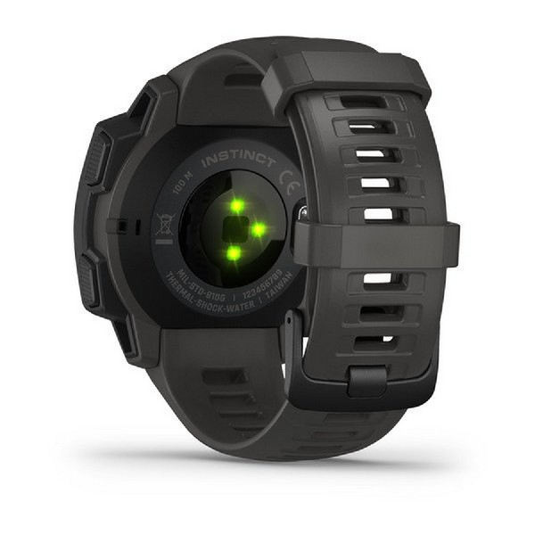 Vista posterior de un reloj Garmin Instinct negro con sensor de frecuencia cardíaca y correa gris.