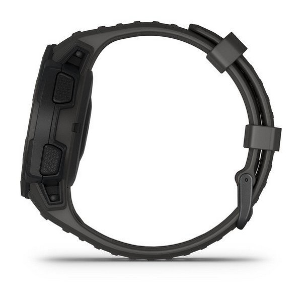 Primer plano de un reloj Garmin gris con pantalla y correa negras.