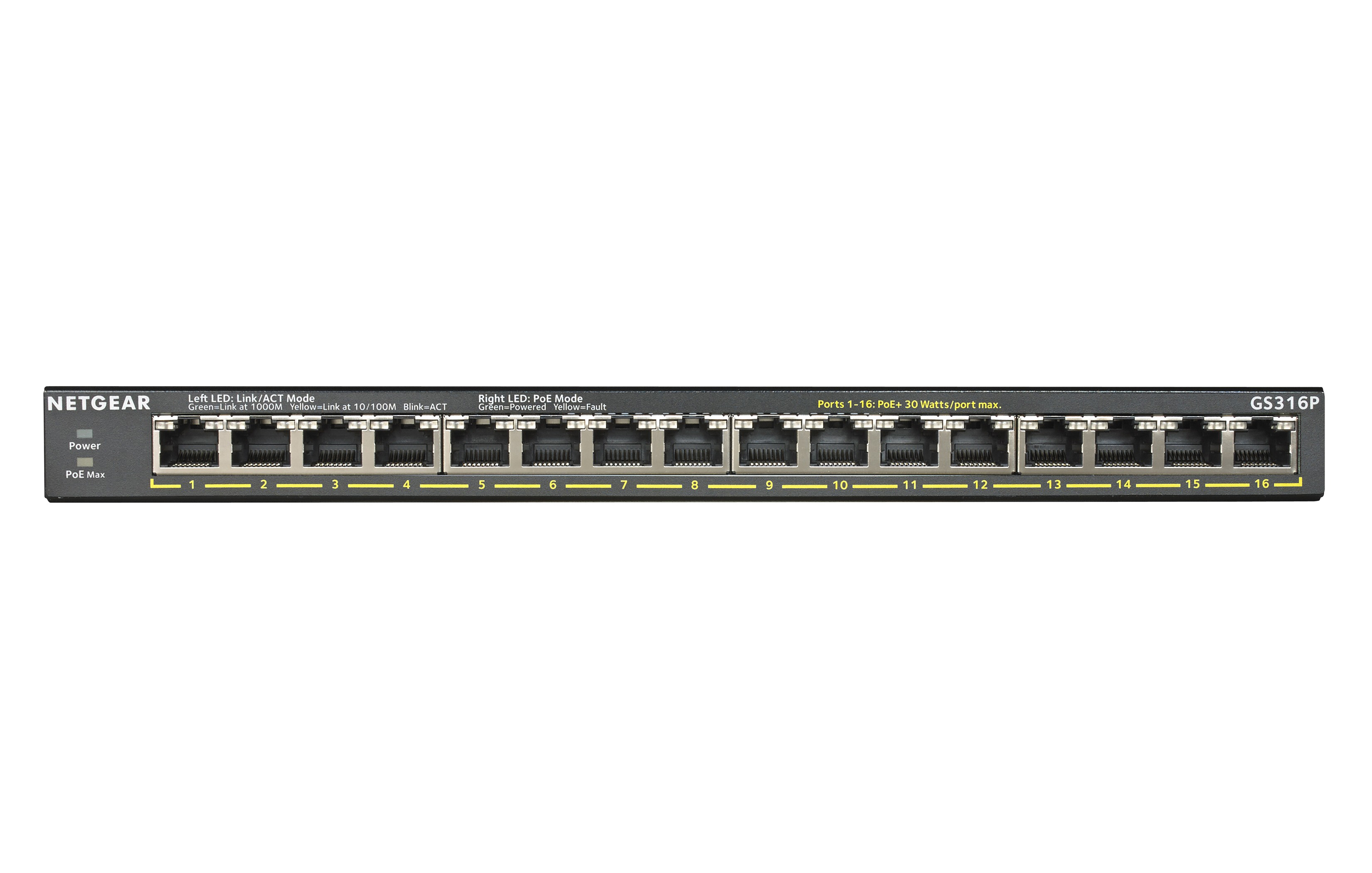 Schwarzer Netzwerk-Switch mit 16 Ports und LED-Anzeigen.