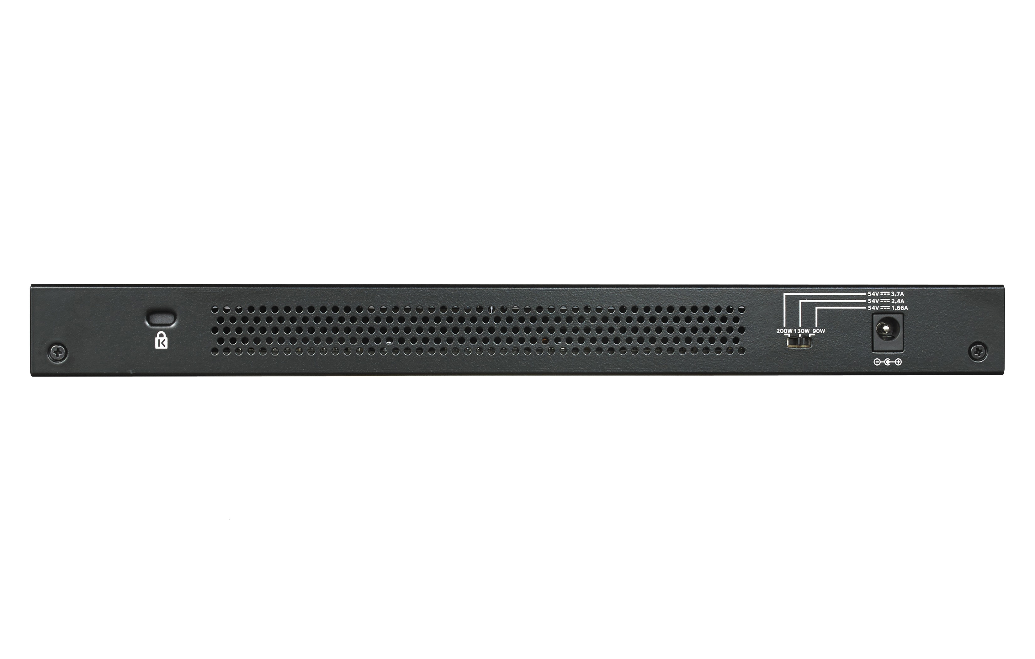 Schwarzer Netzwerk-Switch mit mehreren Anschlüssen auf der Rückseite und Stromeingang.