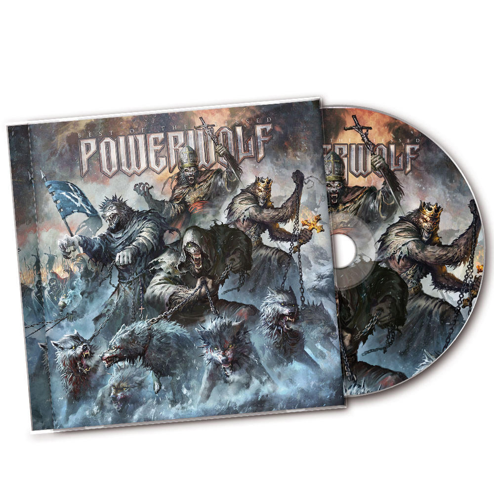 CD-Cover zeigt eine Gruppe von Werwölfen und eine CD. Die Worte POWERWOLF stehen oben auf dem Cover.
