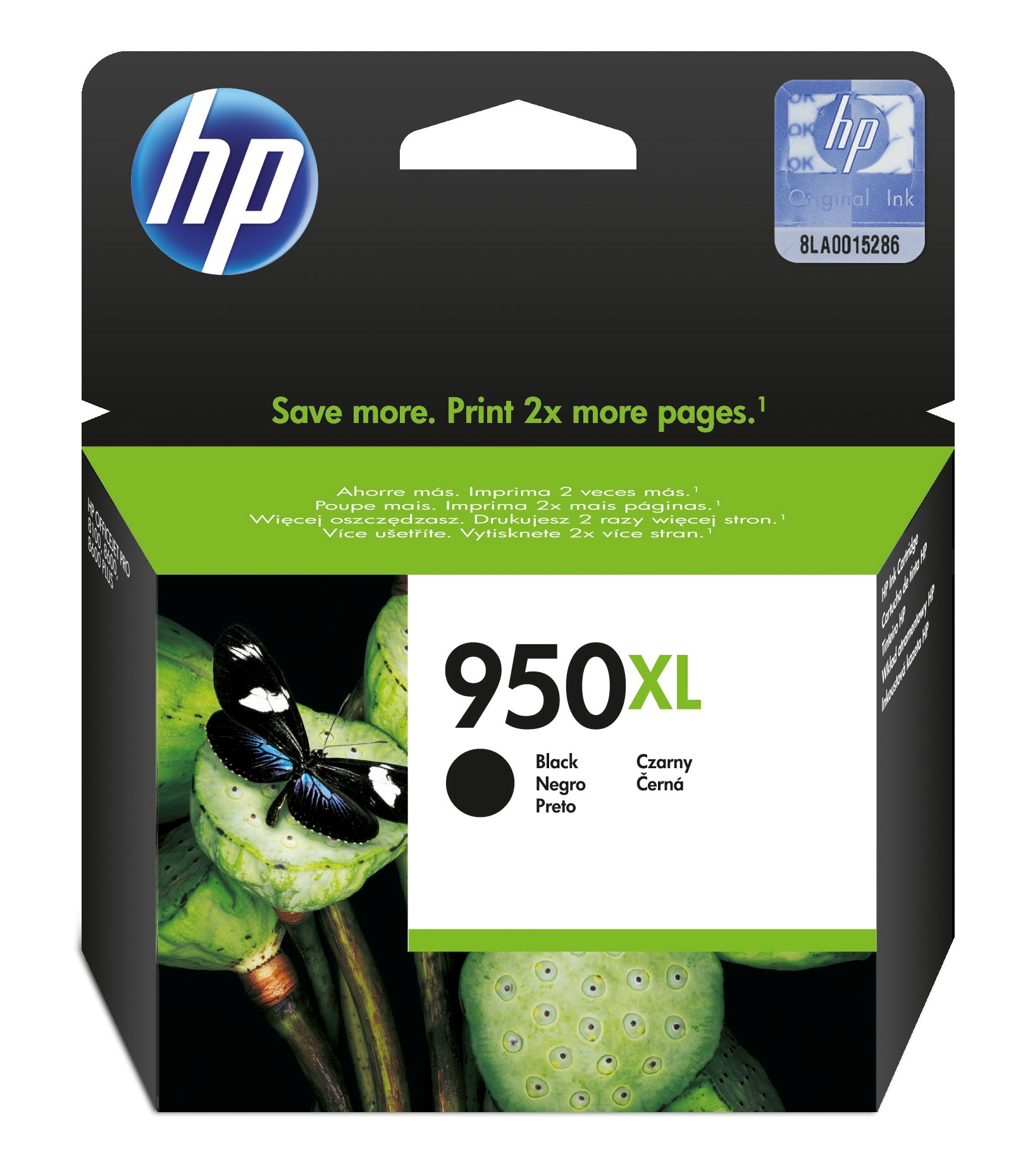 HP 950XL ink cartridge packaging with text and graphics.