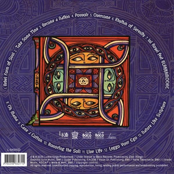 Albumcover mit farbenfrohem geometrischem Design und Songtiteln.