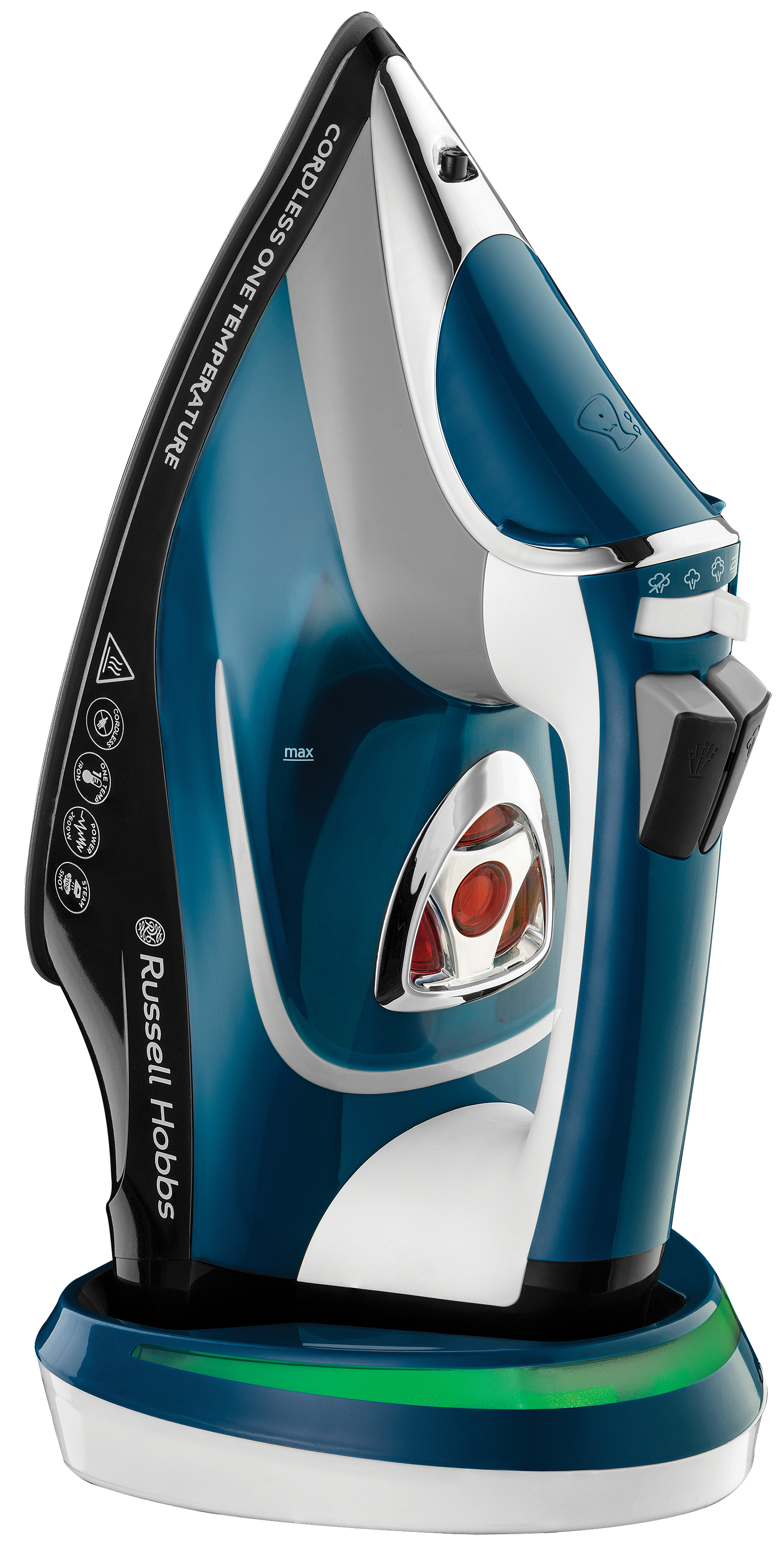 Blaues und weißes kabelloses Bügeleisen auf Ladestation. Mit Markennamen Russell Hobbs.