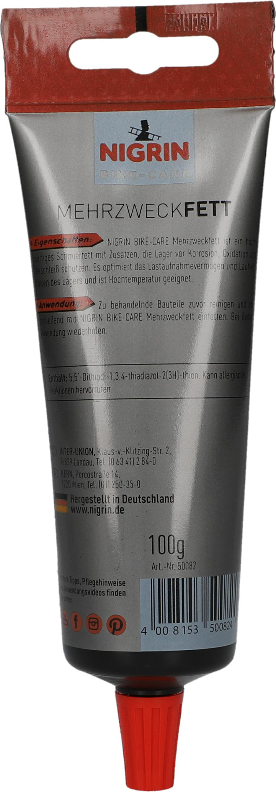Eine Tube Nigrin Bike Care Mehrzweckfett, mit Text und Details auf dem Etikett.