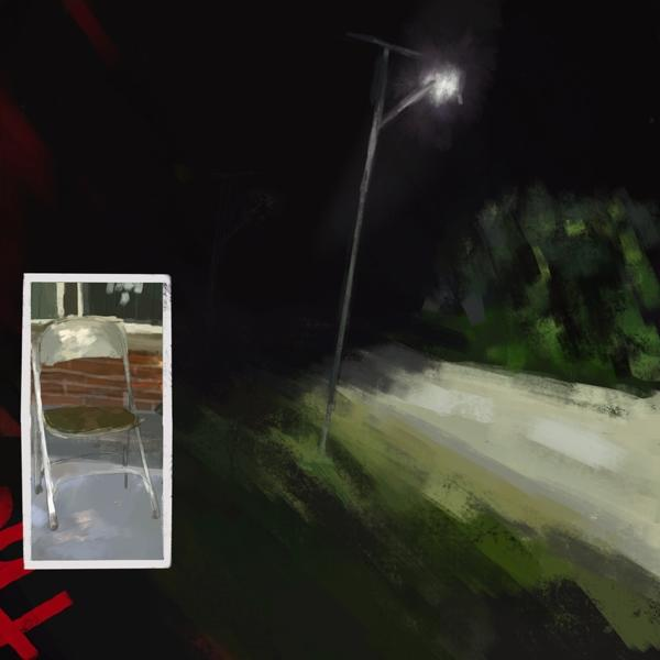 Eine Nachtszene, ein Stuhl, eine Straßenlaterne und eine Straße. Das Bild ist im Malstil gehalten.